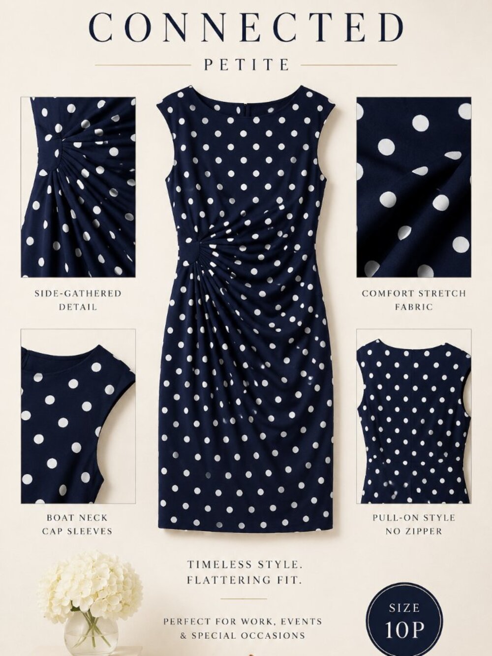 Connected Petite Side-Gathered Boat-Neck Sheath Dress – Navy Polka Dot – Size 10